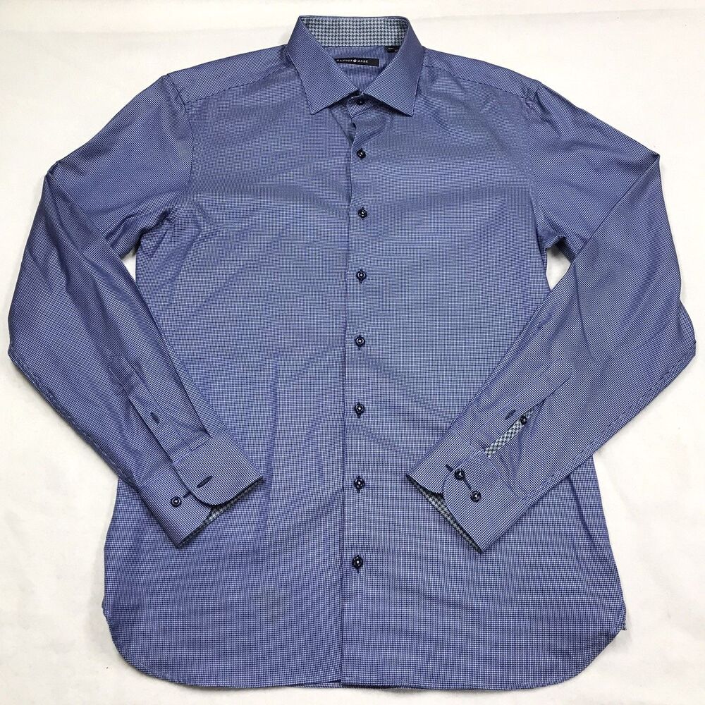 HAMMER MADE Slim Fit Dress Shirt Men L (42 16-1/2) Blue Houndstooth Office